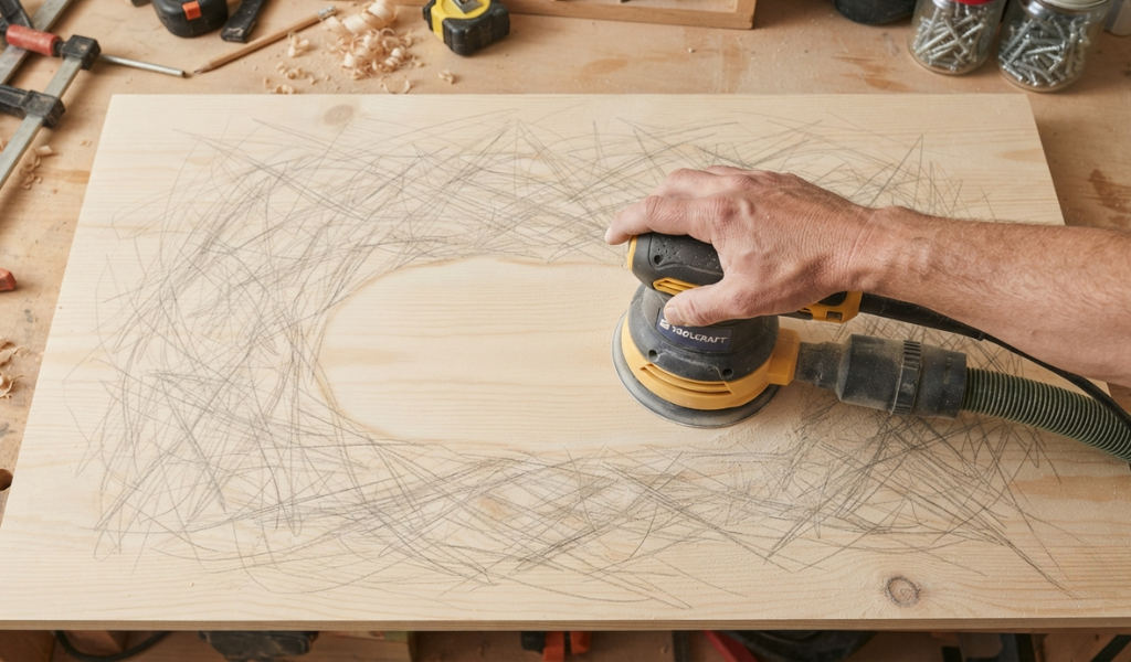 Using the pencil mark method to check if the sandpaper has successfully removed previous scratches.