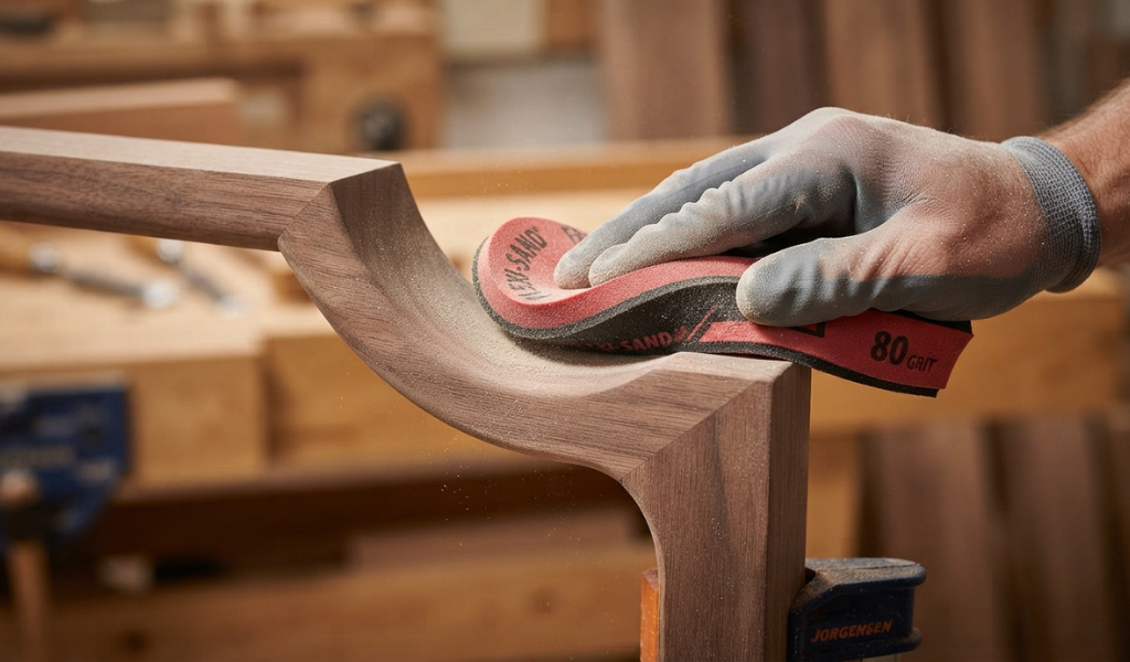 Using a foam-backed sanding pad to sand a concave curve on a wooden piece