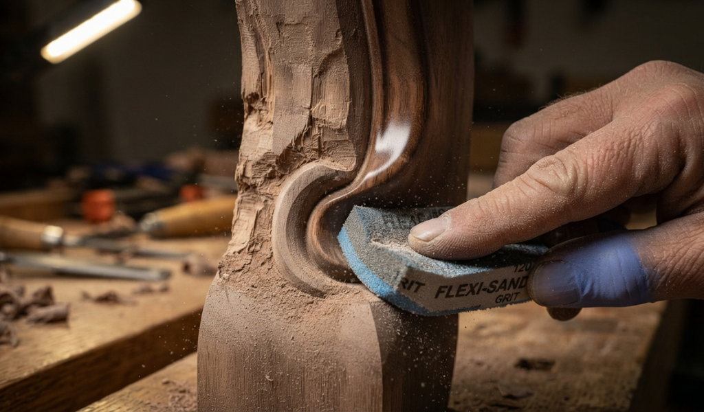 Woodworker carefully sanding the fine, carved grooves of a wooden furniture leg with a flexible sanding pad.