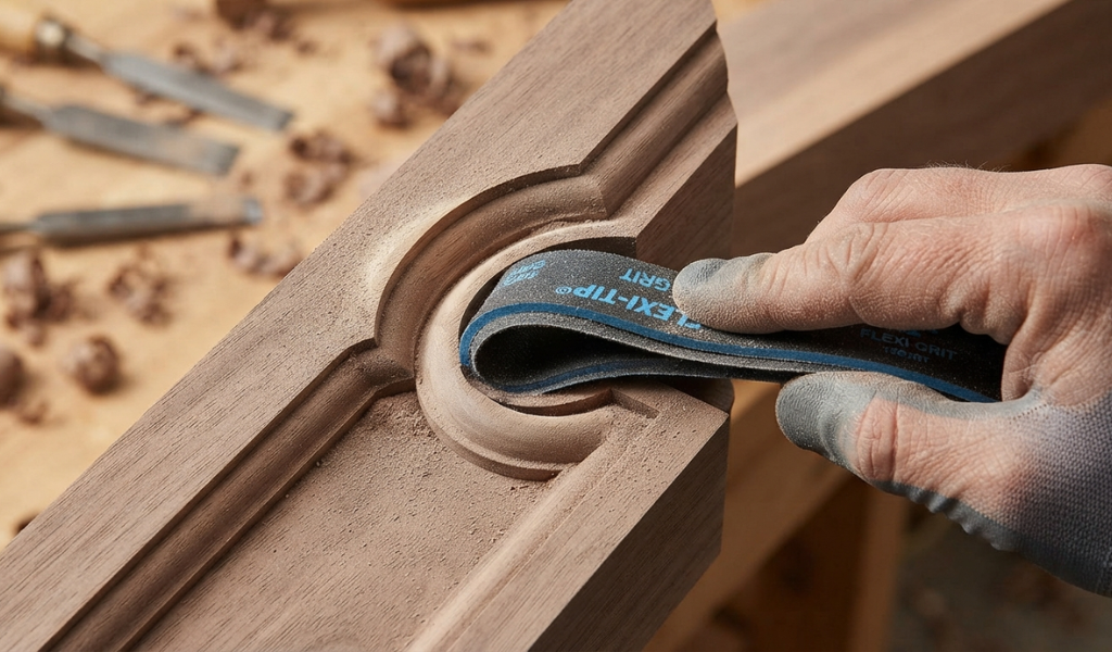 Using a finger sanding pad to reach into a tight, intricate molding groove.
