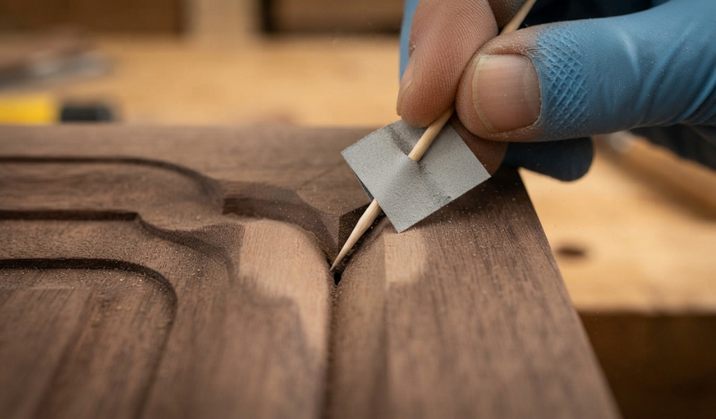 A close-up view of using folded sandpaper around a toothpick to sand a tiny, hard-to-reach wood carving crevice.