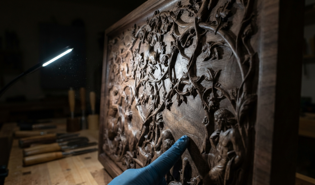 Using raking light to highlight surface imperfections and scratches on a piece of intricate woodwork before finishing.