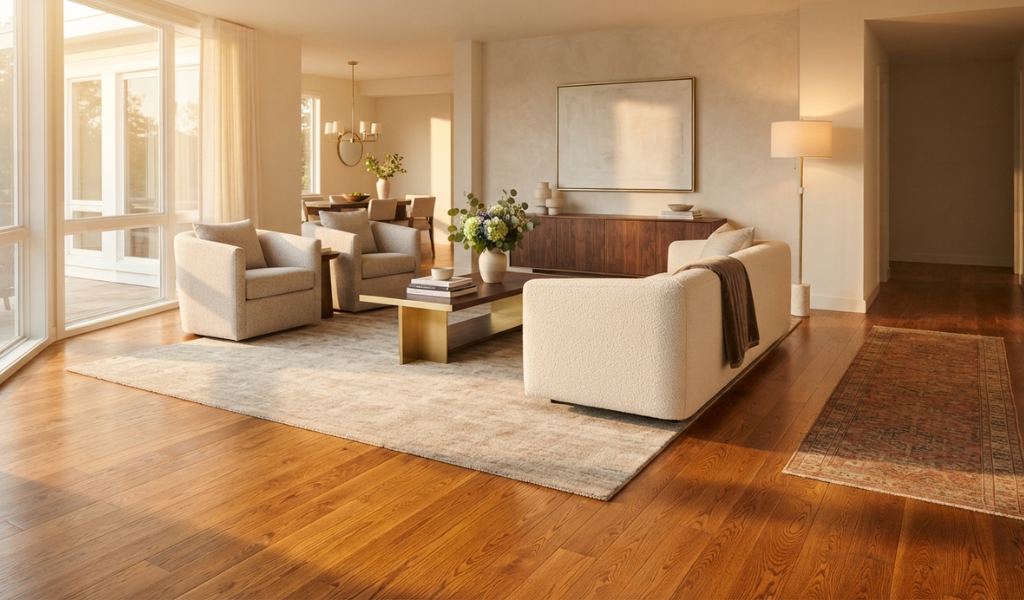 A luxury living room with beautifully refinished hardwood floors, showing rich grain and a glossy protective finish.