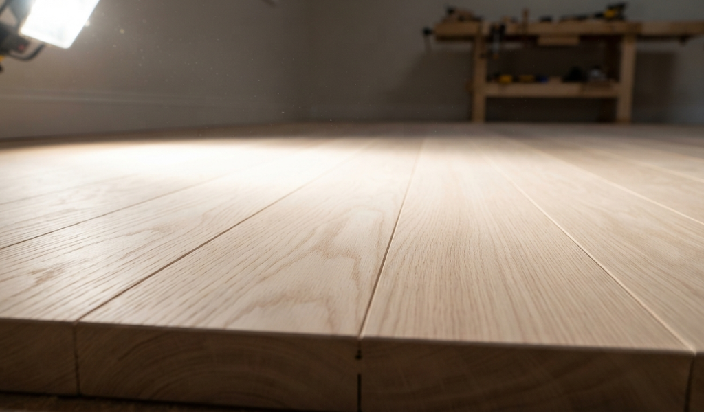 A raking light inspection of a professionally sanded hardwood floor showing a perfectly smooth and even surface.