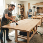 A professional woodworker using a vacuum with a brush attachment to clean a large oak tabletop before applying a wood finish.
