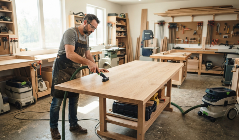 A professional woodworker using a vacuum with a brush attachment to clean a large oak tabletop before applying a wood finish.