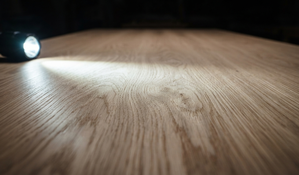 Using a flashlight at a low angle, known as raking light, to inspect a sanded wood surface for remaining dust and imperfections.