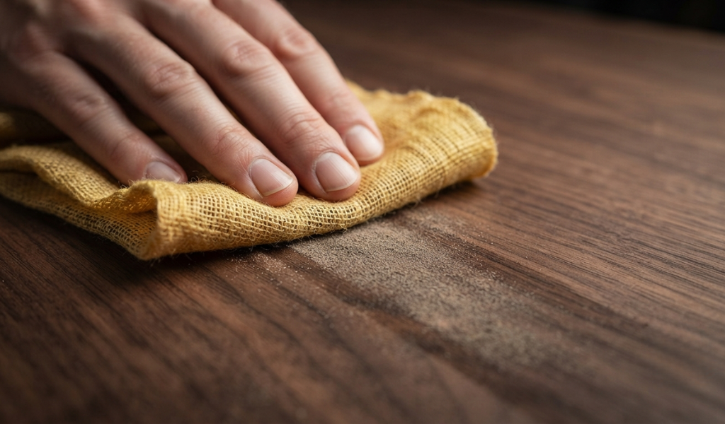 A close-up of a tack cloth being used to wipe dust from a sanded wood surface, showing the cloth picking up fine particles.