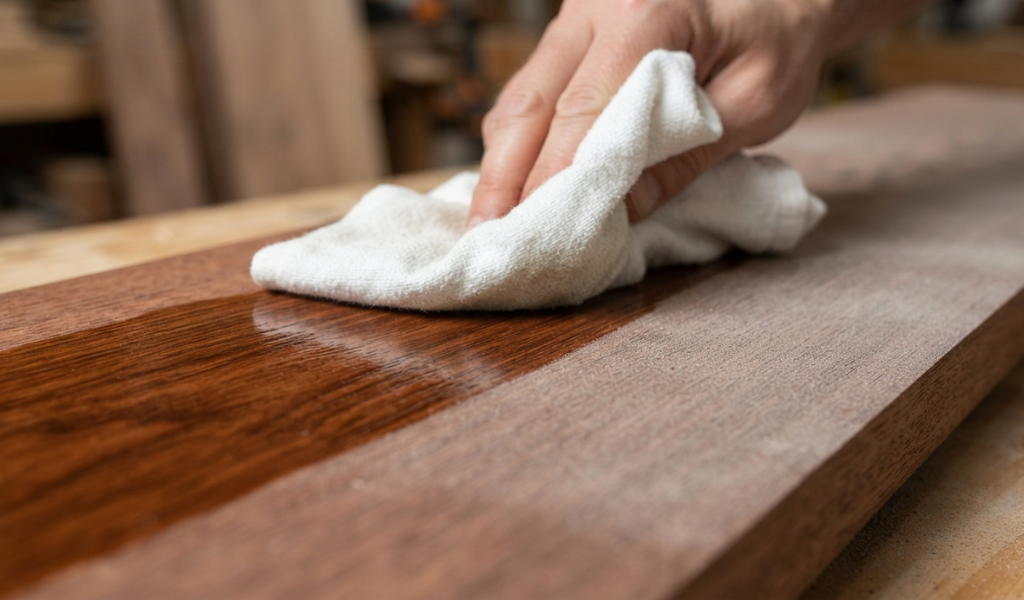 Wiping a sanded wood board with a lint-free cloth dampened with mineral spirits to remove dust and reveal the natural grain.