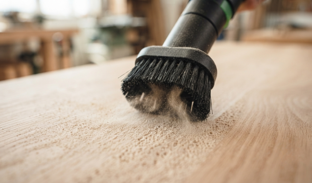 Using a vacuum with a soft brush attachment to remove sanding dust from the grain of a piece of oak wood.