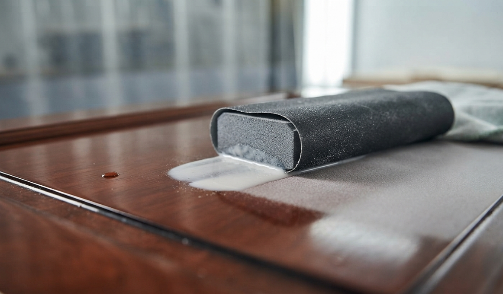 A close-up of wet sanding a polyurethane finish with water, showing the fine slurry created during the smoothing process.
