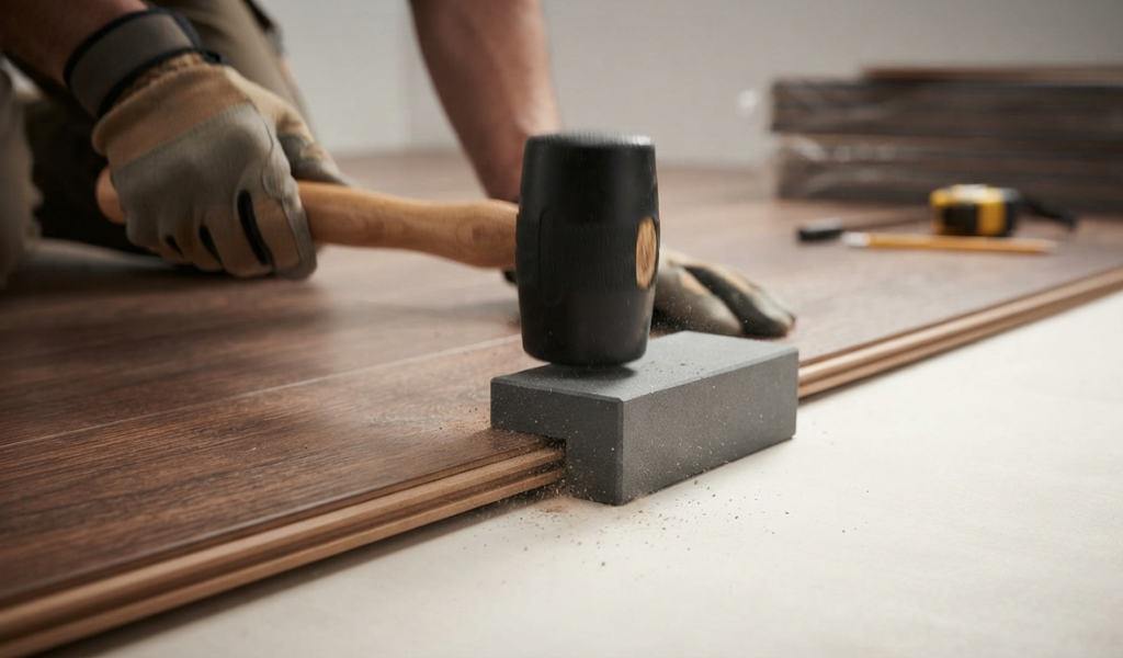 A flooring installer using a rubber mallet and a tapping block to secure laminate planks, ensuring the edge remains undamaged.