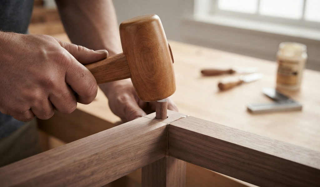 Using a rubber mallet to gently tap a wooden joint into place during furniture assembly, preventing damage to the wood fibers.