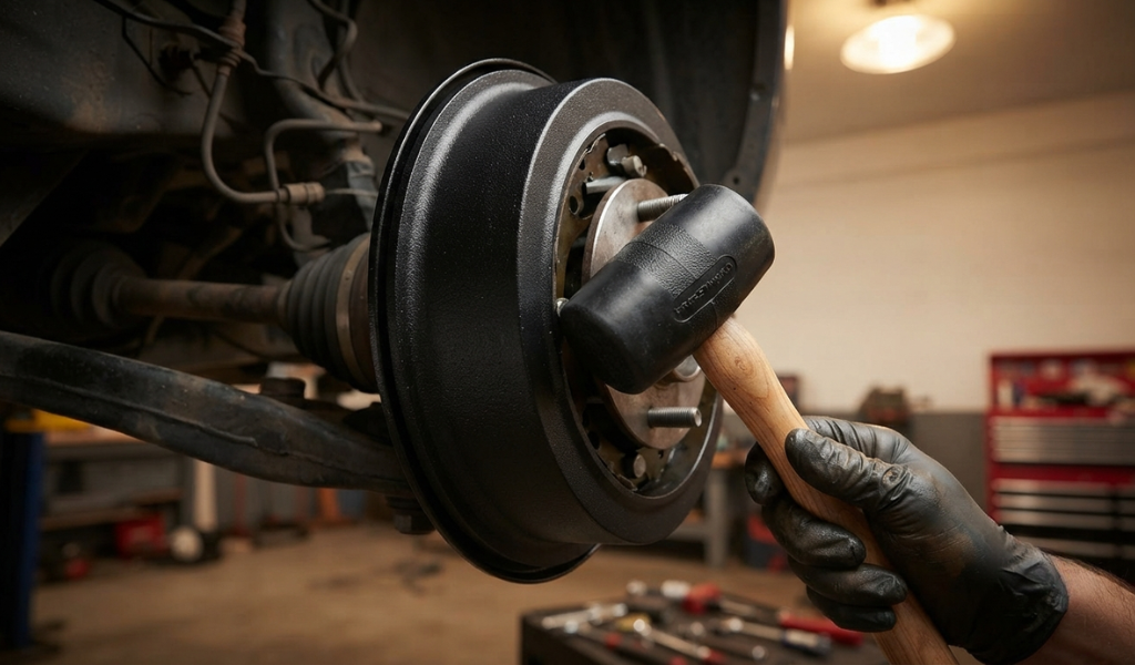 A mechanic using a rubber mallet to carefully adjust a brake drum on a vehicle, ensuring no damage is caused to the metal surface.