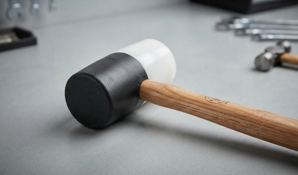 A close-up studio shot of a double-faced rubber mallet, showing both the soft rubber and hard plastic striking surfaces.