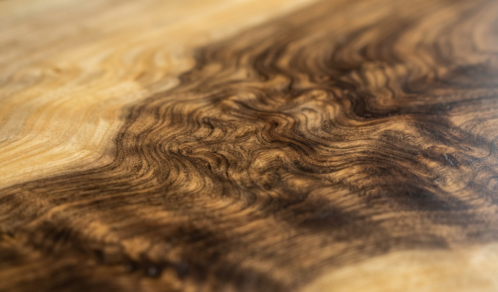 Macro close-up of acacia wood showing its unique wavy, interlocking grain patterns and varied color palette ranging from golden to dark brown.