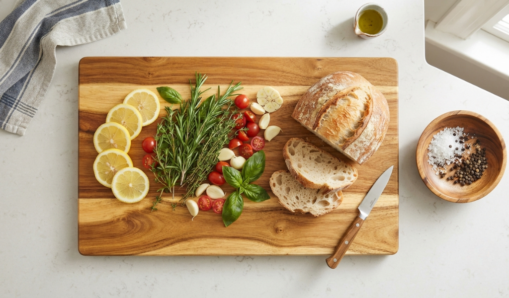 An acacia wood cutting board and matching wooden bowl on a kitchen counter, surrounded by fresh food ingredients to showcase its use in culinary settings.