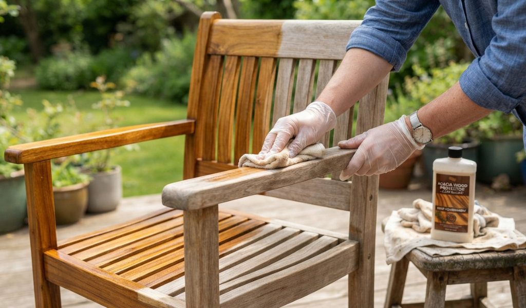 A person applying protective oil to an acacia wood outdoor chair, showing the visual difference between treated and untreated wood during the maintenance process.
