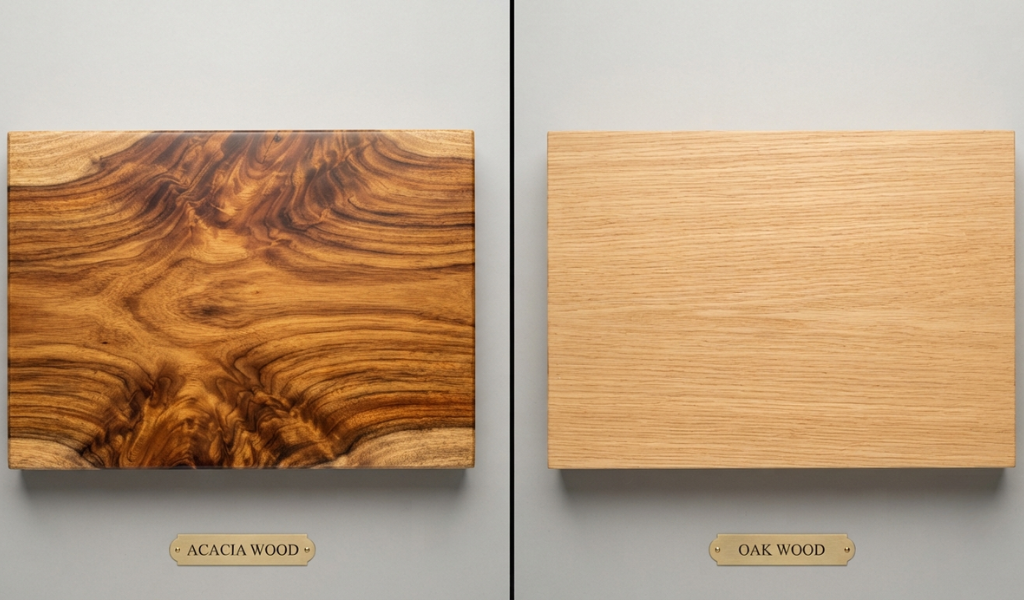 A side-by-side comparison of acacia wood and oak, highlighting the dramatic, varied grain of acacia versus the more uniform, consistent appearance of oak.