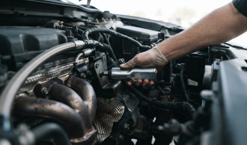 A mechanic using the compact, inline body of a butterfly impact wrench to reach a bolt in a confined engine bay.