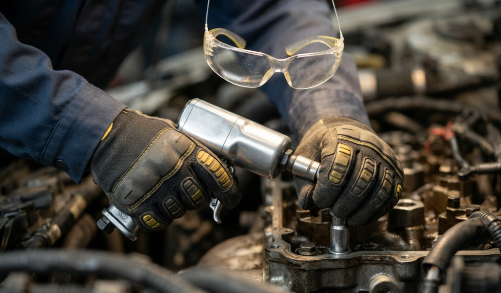 A technician wearing safety glasses and gloves demonstrating the secure, one-handed grip of a butterfly impact wrench while bracing a socket on a fastener.