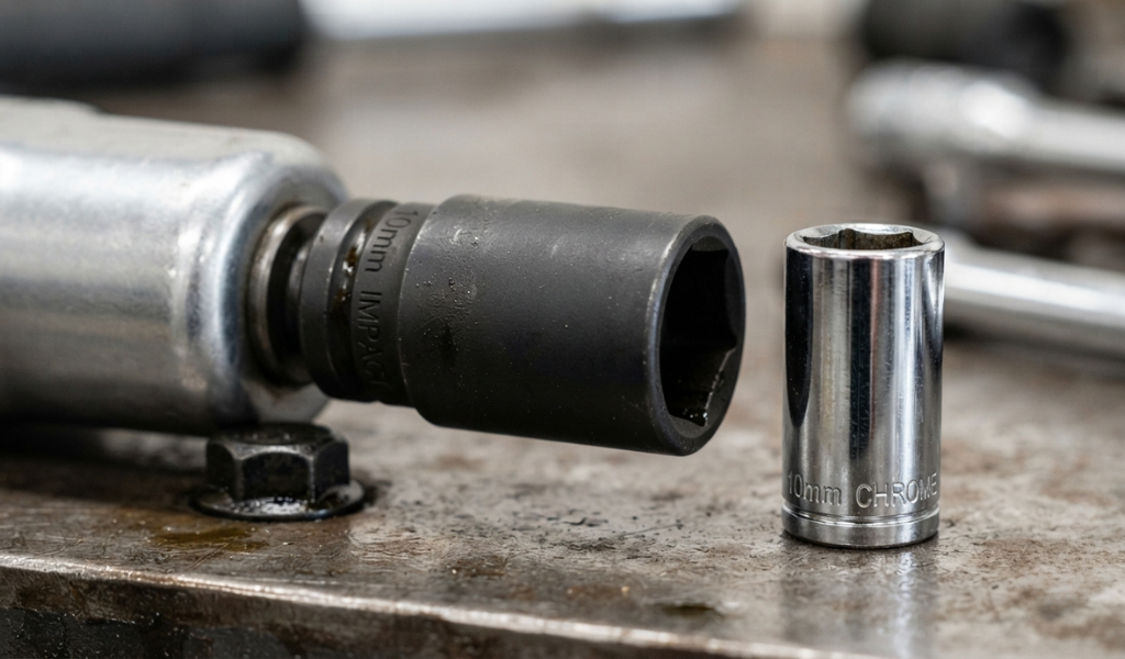 Comparison shot of a durable, black impact-rated socket attached to a butterfly wrench versus a standard chrome socket to show the difference in build quality.