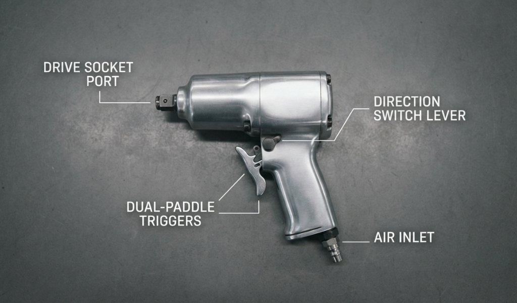 A detailed view of a butterfly impact wrench with labels identifying the drive socket, dual-paddle triggers, direction switch, and air inlet.
