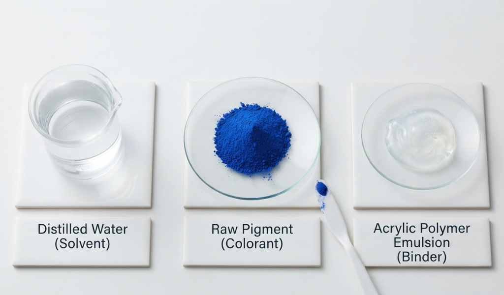A flat lay display of acrylic paint ingredients, including water, raw pigment, and acrylic polymer emulsion on a clean studio table.
