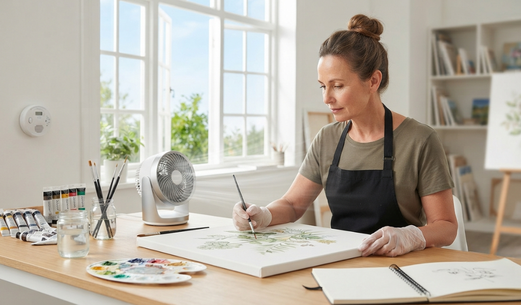 An artist working in a well-ventilated studio with an open window and a fan, wearing gloves for safety while painting with acrylics.