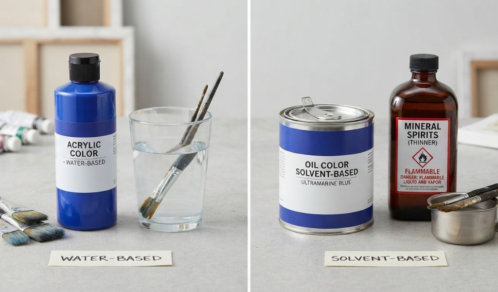 A comparison shot featuring water-based acrylic paint next to water versus a flammable solvent-based oil paint next to mineral spirits.