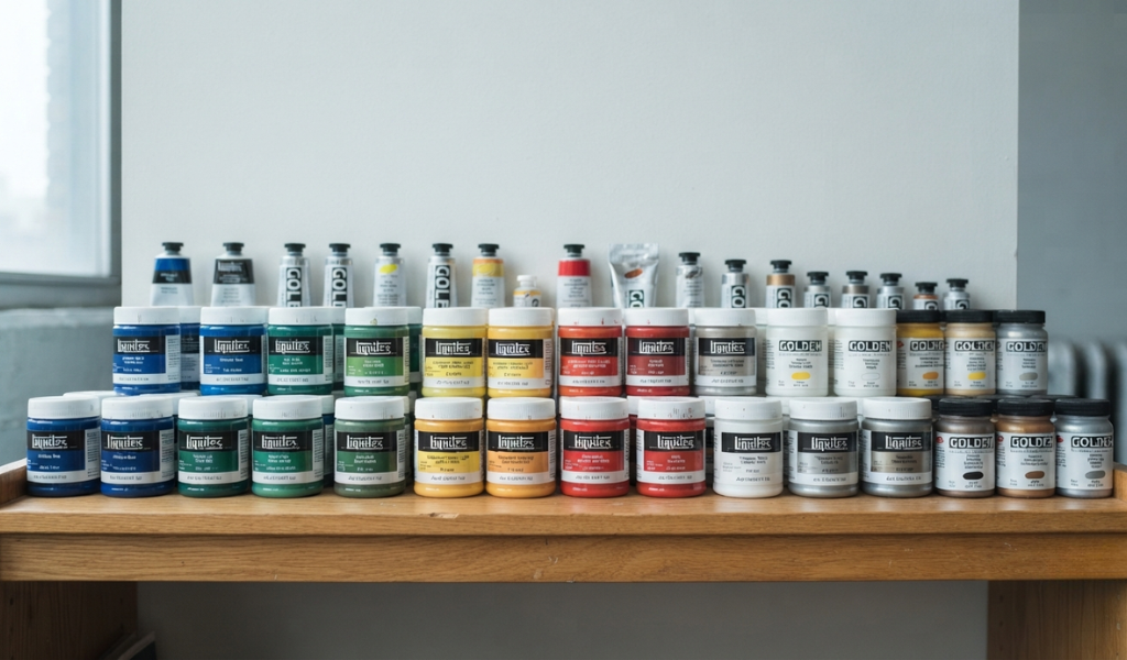 Neatly organized and sealed acrylic paint containers stored on a shelf in a cool, indoor space away from direct sunlight and heat.