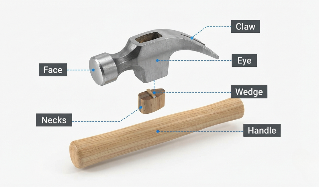 : A detailed visual guide labeling the main components of a claw hammer, including the face, claw, handle, and eye.