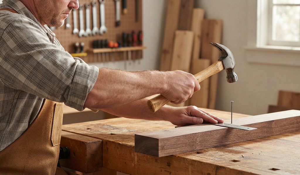 A person demonstrating the correct, safe grip on a hammer handle, holding it near the end for maximum leverage and control.