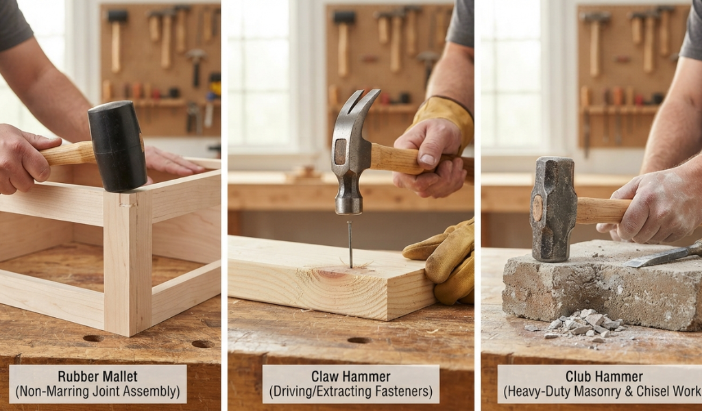 A comparison image showing three different types of hammers—a rubber mallet, a claw hammer, and a club hammer—each tailored for their specific task.