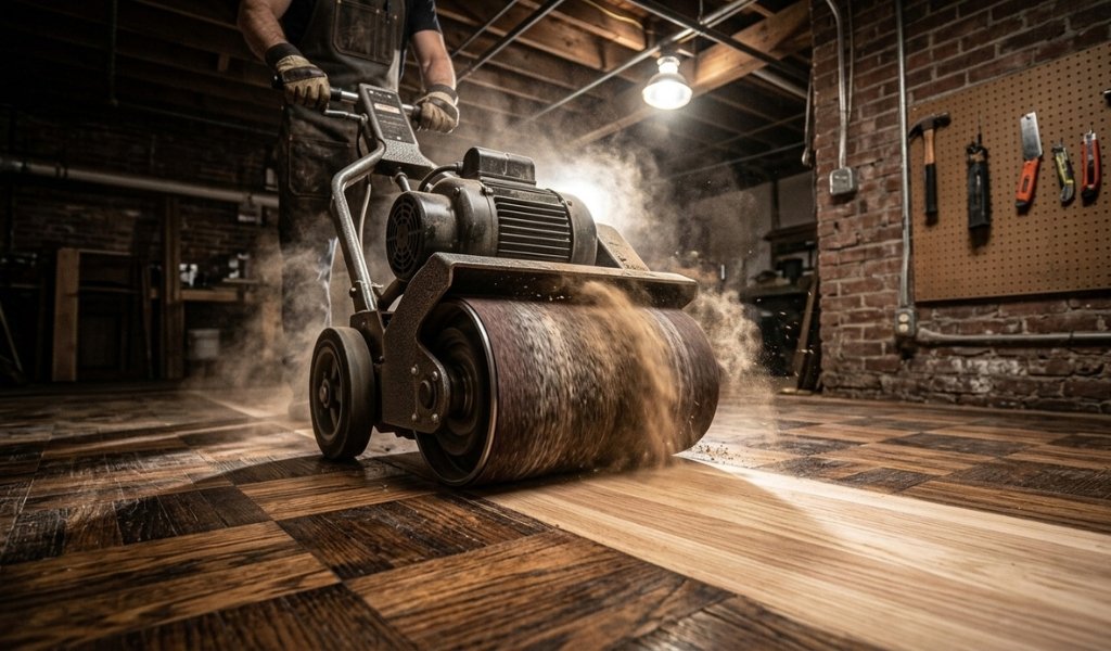 Restoring a residential hardwood floor using a heavy-duty wood sanding machine to strip old varnish.