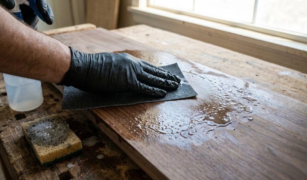 A craftsman wet sanding a lacquered wood finish using waterproof silicon carbide sandpaper.