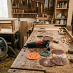 A woodworker using a wood sanding disc pads for angle grinder setup to smooth wood.
