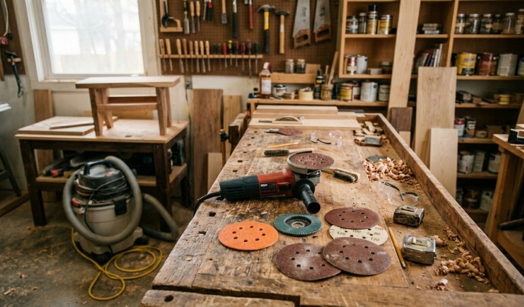 A woodworker using a wood sanding disc pads for angle grinder setup to smooth wood.