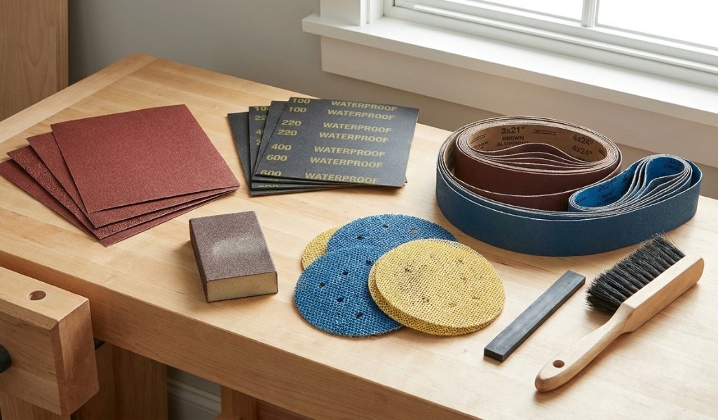 Various types of wood sanding paper including aluminum oxide, silicon carbide, and mesh sheets.