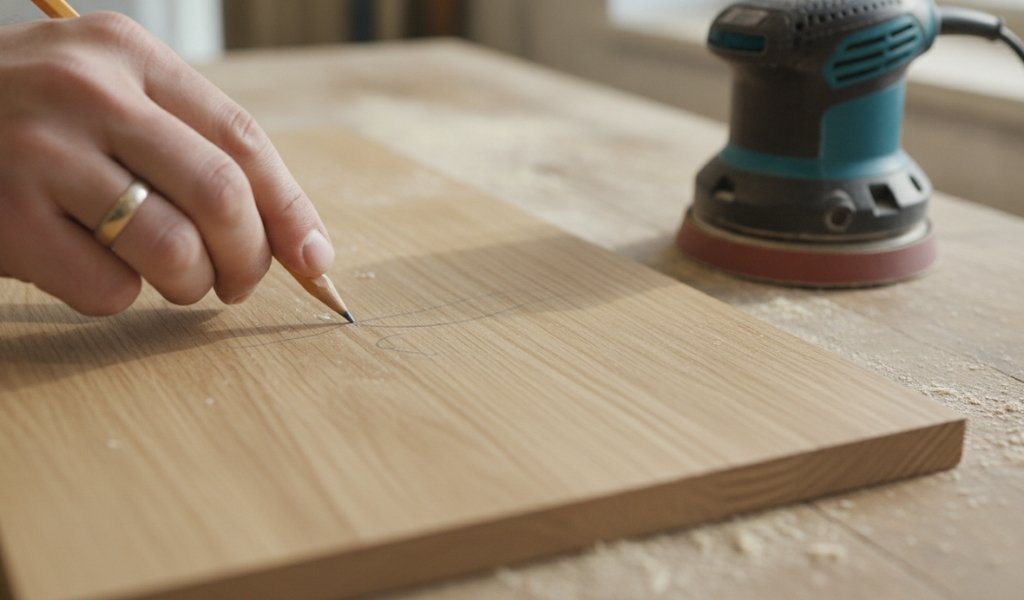 A woodworker marking a wood surface with a graphite pencil to perform the pencil trick while using a random orbital sander.