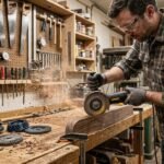 A craftsman using a wood sanding wheel for grinder applications to shape a wooden board.
