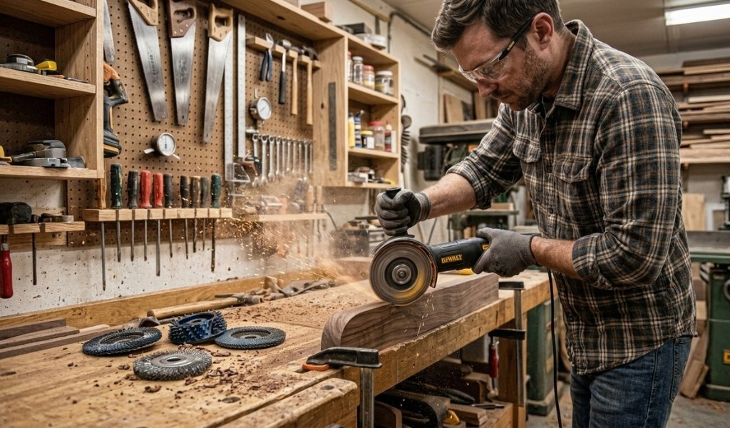 A craftsman using a wood sanding wheel for grinder applications to shape a wooden board.