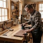 A woodworker using a random orbital sander to smooth a wooden board in a workshop.