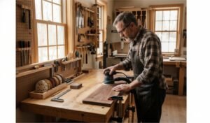 A woodworker using a random orbital sander to smooth a wooden board in a workshop.