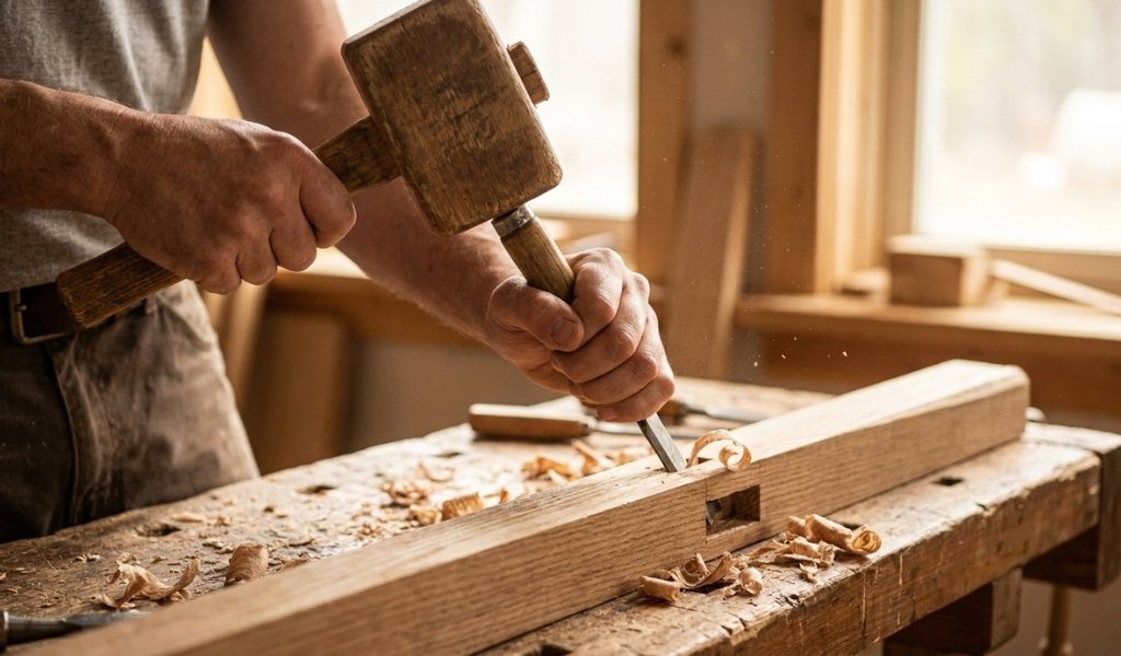  Woodworker using a wooden mallet to strike a wood chisel handle