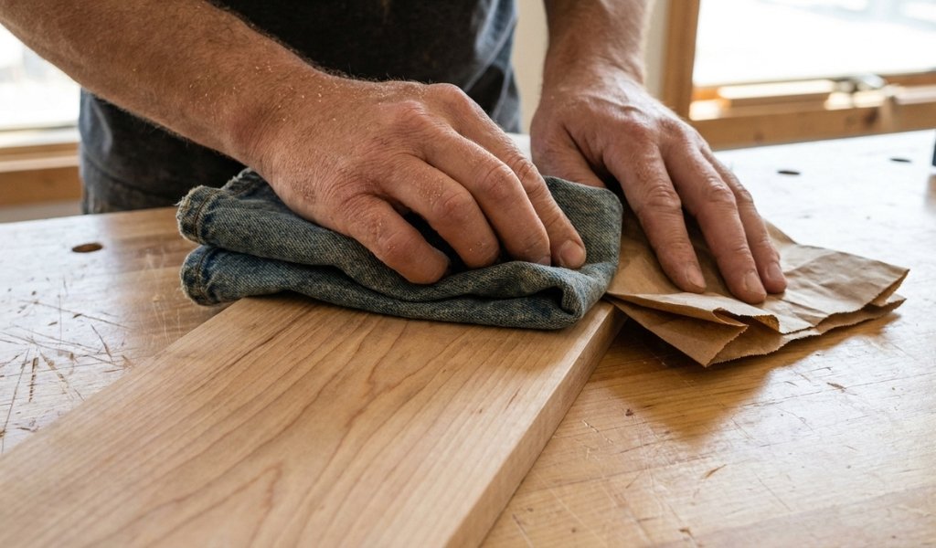 Using denim fabric and a brown paper bag as DIY household substitutes for sandpaper to burnish wood