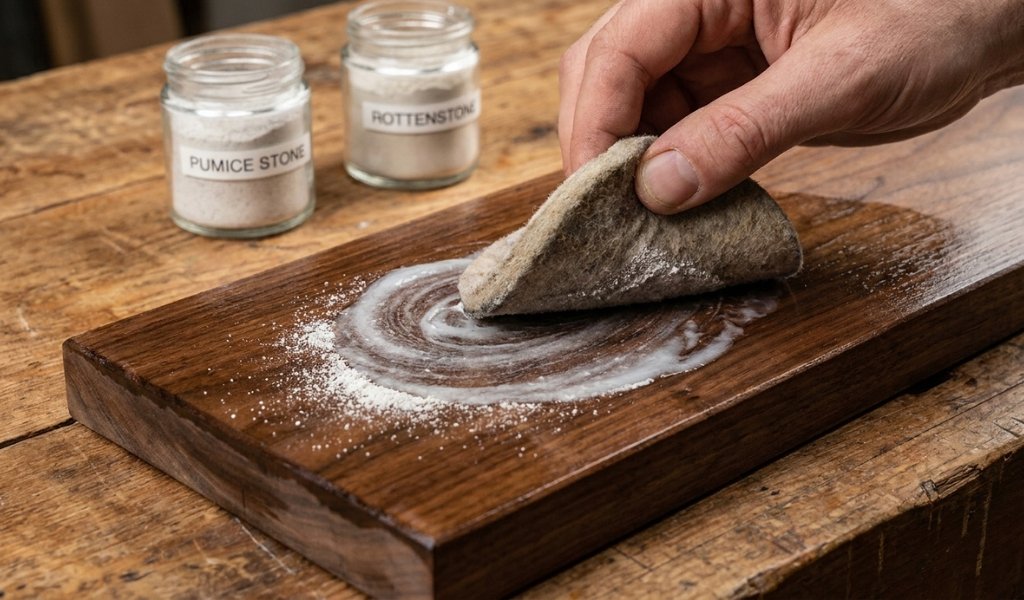 Polishing a hardwood surface using pumice stone powder and oil on a felt pad as a traditional sandpaper alternative.