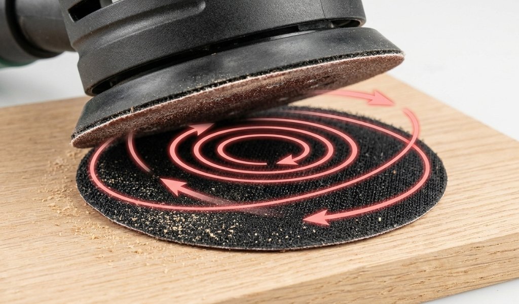 Close-up of a random orbital sander pad demonstrating the dual spinning and elliptical orbit action.