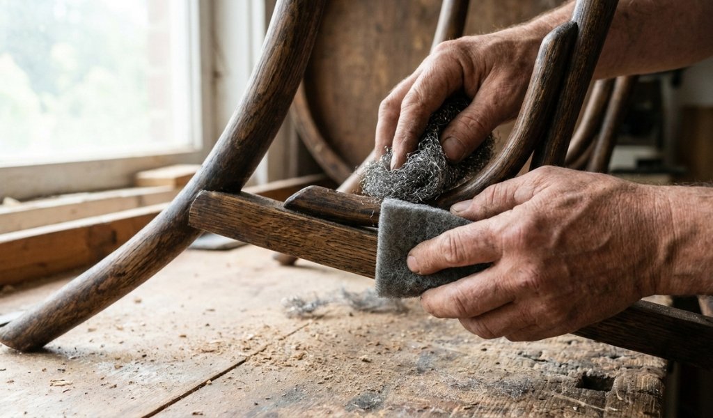 A craftsman using steel wool and synthetic abrasive pads to smooth contoured wood surfaces without sandpaper