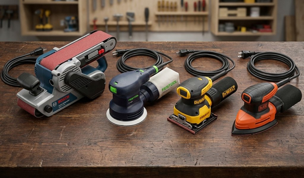 A collection of electric wood sanding machines including belt, orbital, sheet, and detail sanders on a workbench.